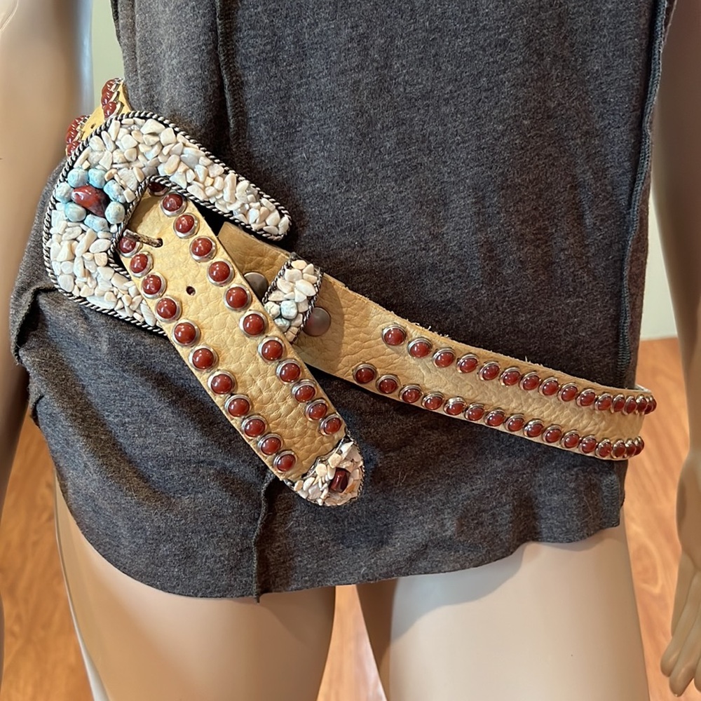 LeatherRock Vintage Tan Leather Belt W/ Burgundy Studs And Multi-colored Rock L